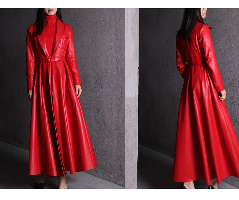 red black pu leather trench coat