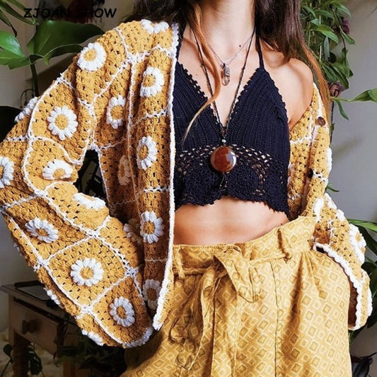 boho plaid flower crochet cardigan