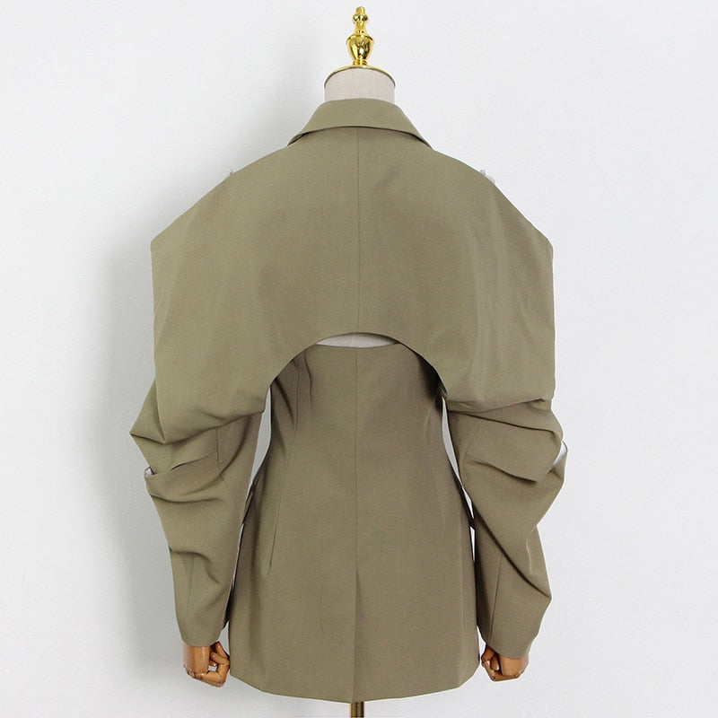 camel solid fold pleated coat