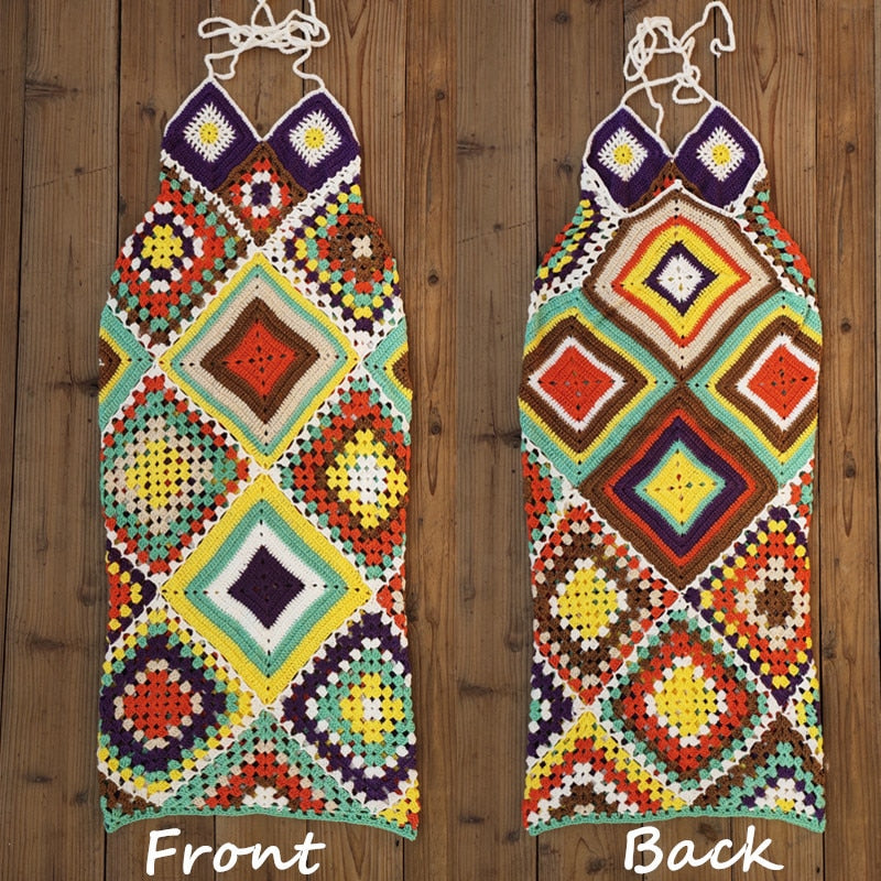 bohemian handmade crochet color stitching long dress
