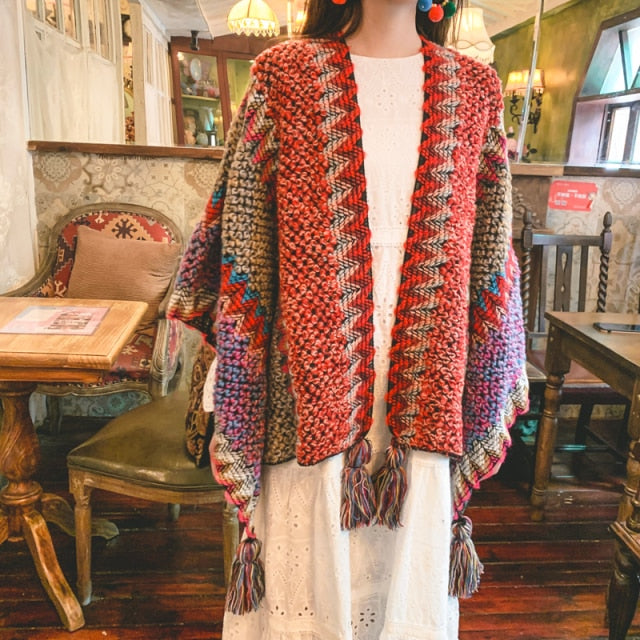 boho knitted cape red / one size