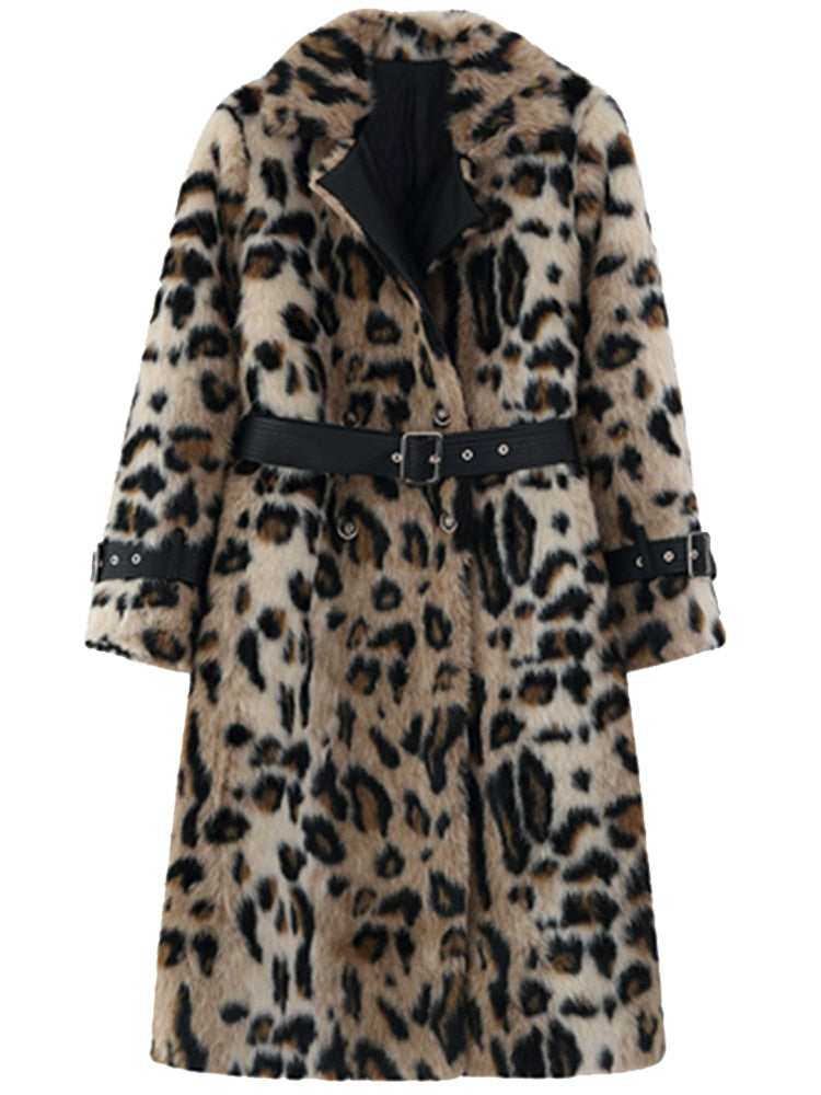 leopard print faux fur trench coat