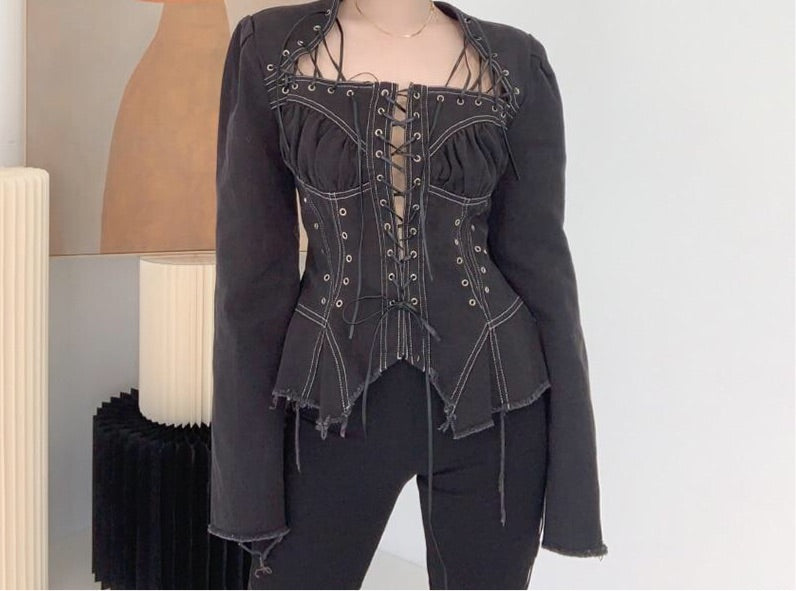 black solid lace up denim blouse