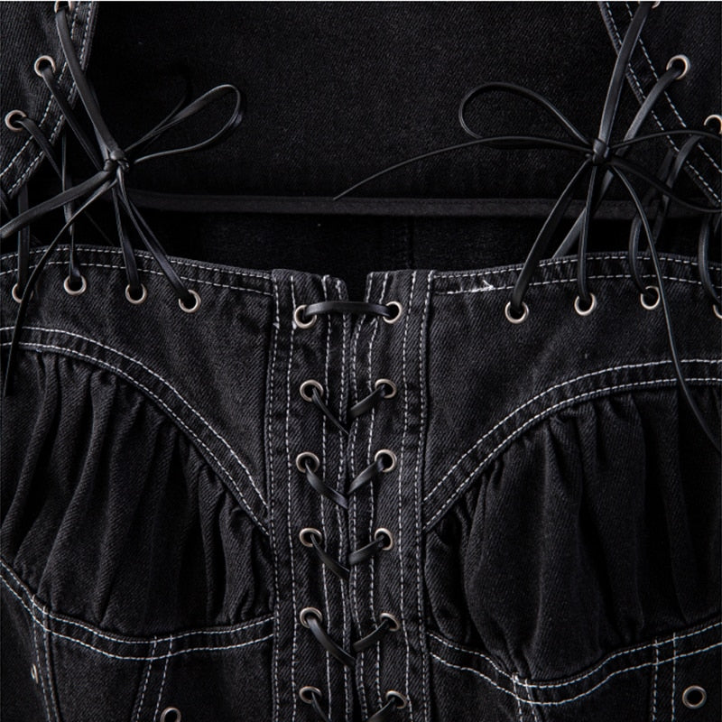 black solid lace up denim blouse