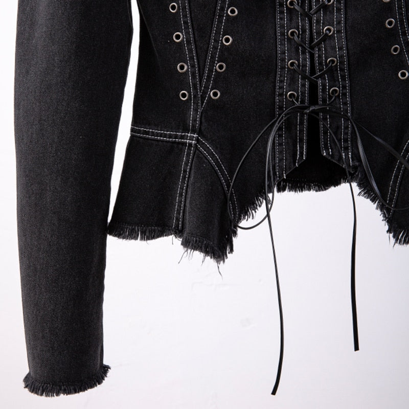 black solid lace up denim blouse