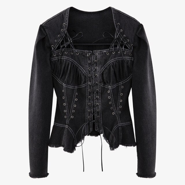 black solid lace up denim blouse