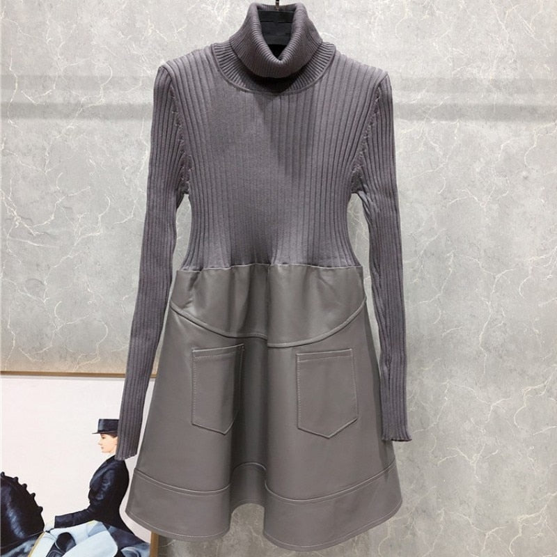 leather turtleneck sweater dress