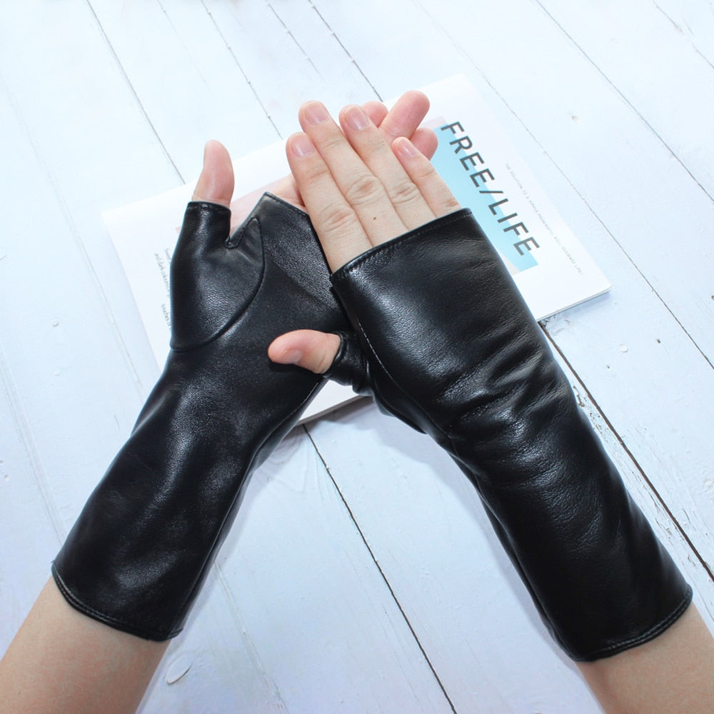 long genuine leather black fingerless gloves
