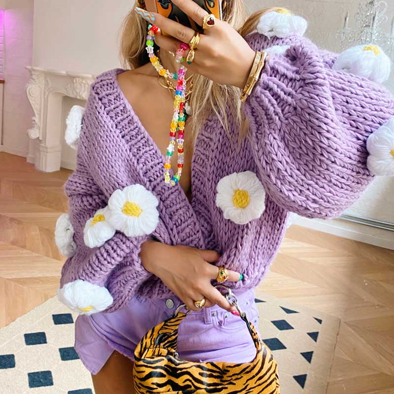 multicolor floral knitted fun sweater one size / fuchsia