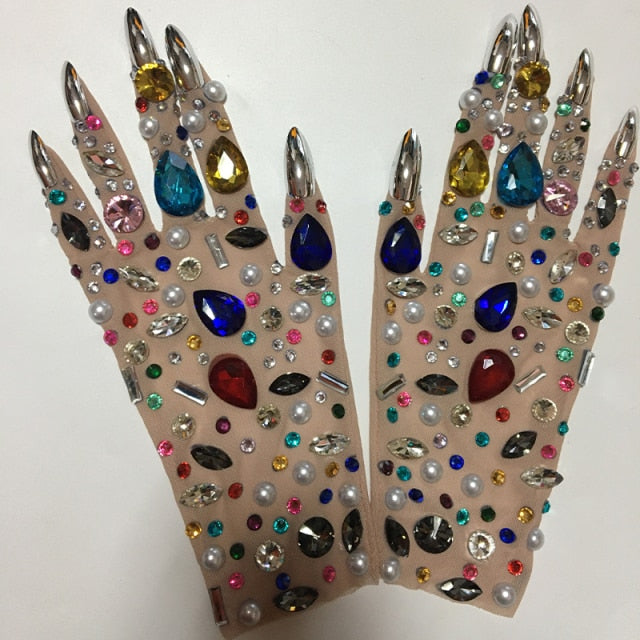 colorful rhinestone mesh gloves