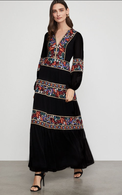 embroidered v-neck batwing sleeve boho dress