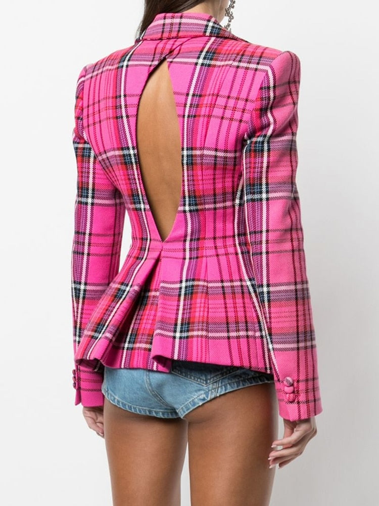 pink cut out backless plaid blazer