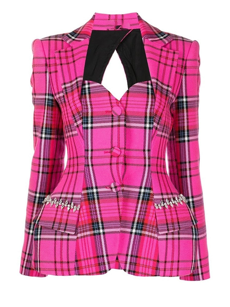 pink cut out backless plaid blazer