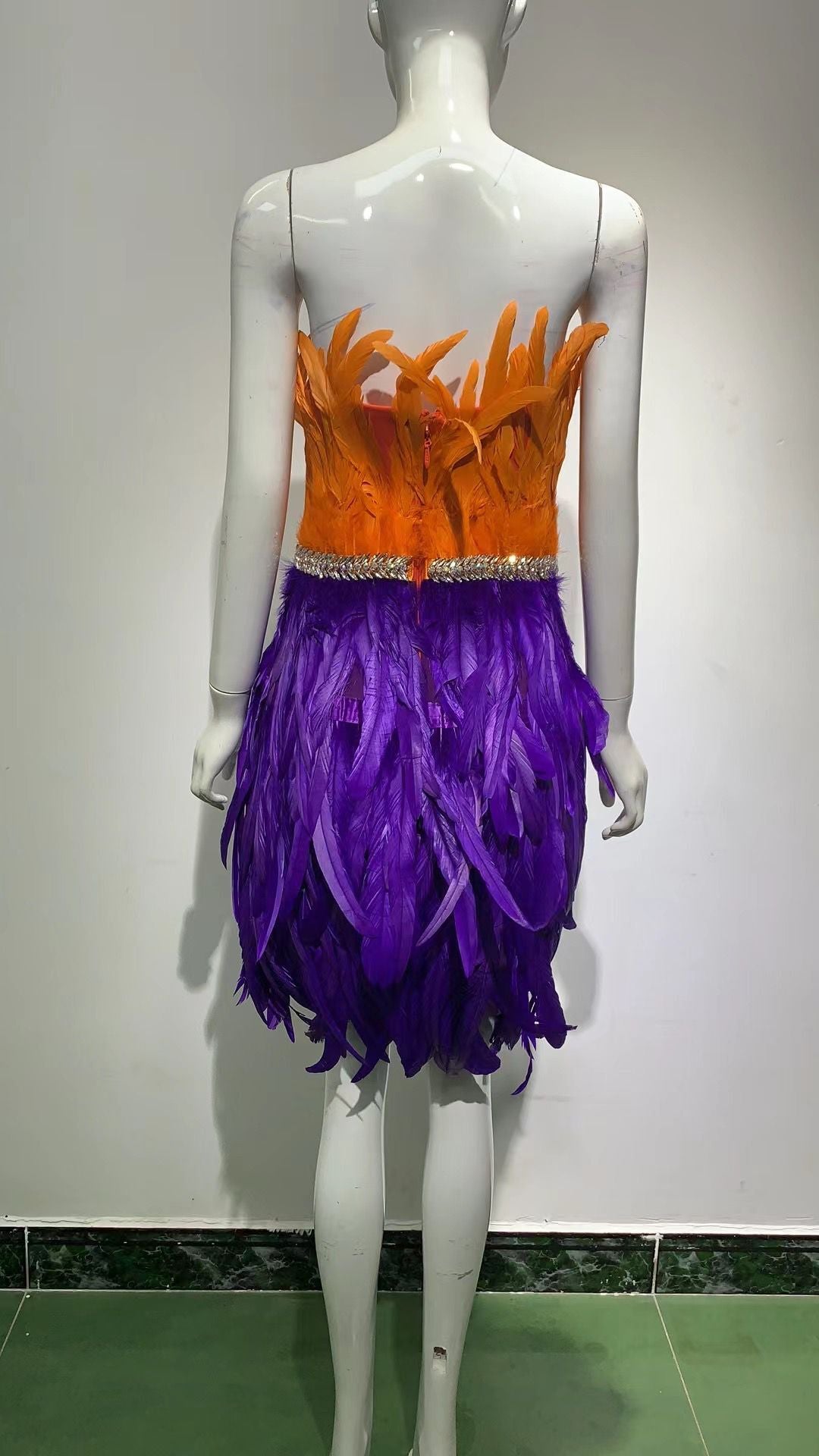 orange purple feathered bodycon dress