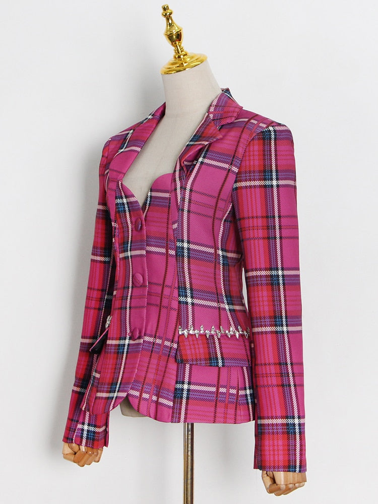 pink cut out backless plaid blazer