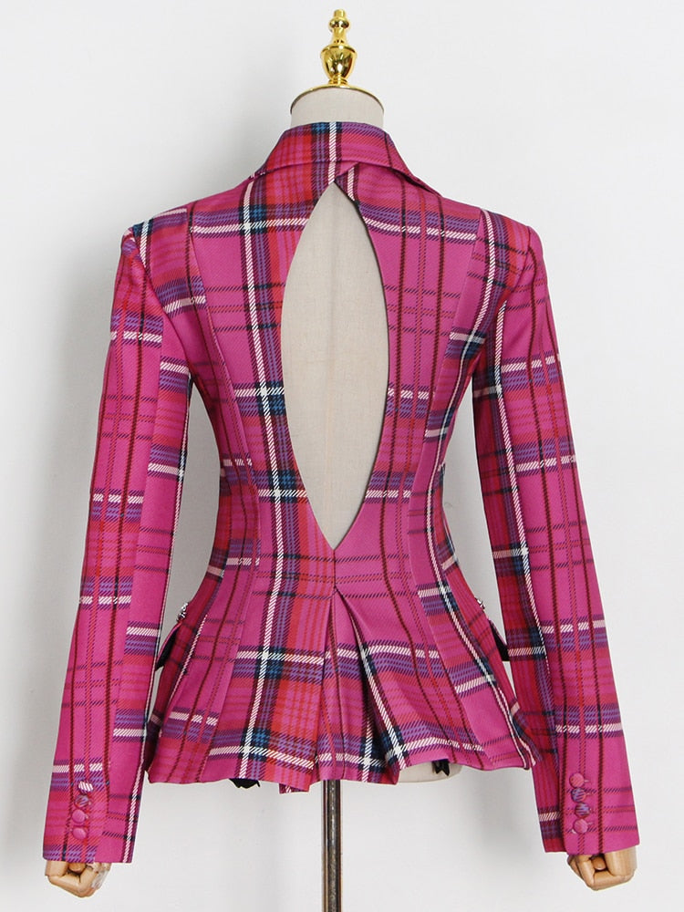 pink cut out backless plaid blazer