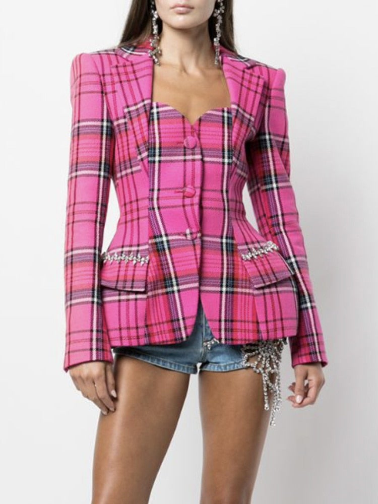 pink cut out backless plaid blazer