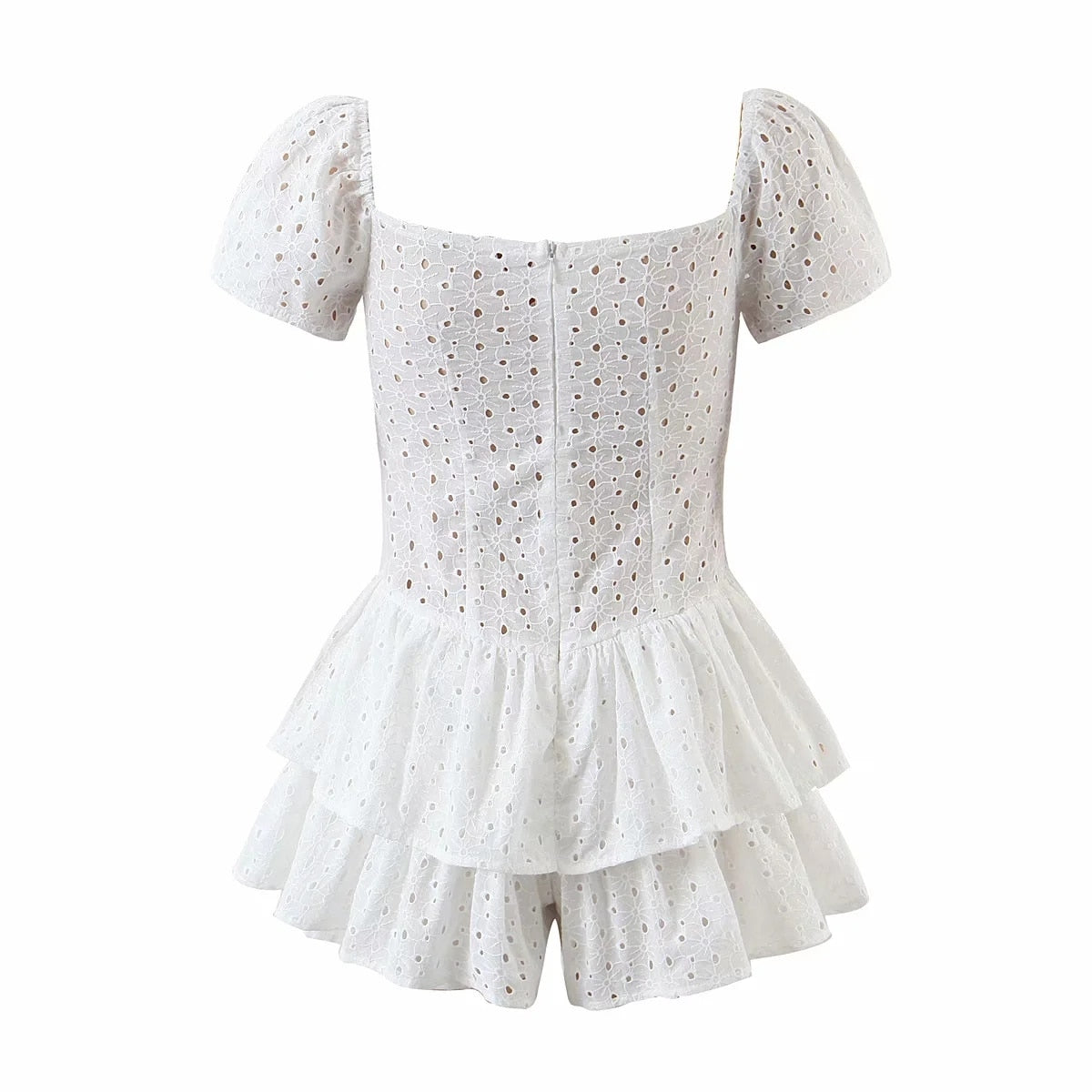 white embroidery mini lace cotton ruffle backless dress