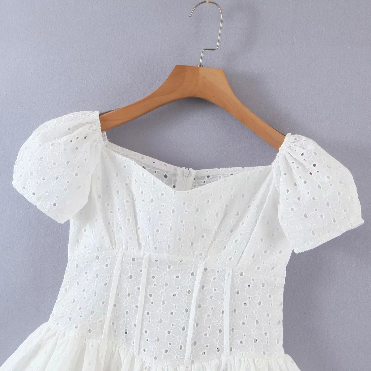 white embroidery mini lace cotton ruffle backless dress