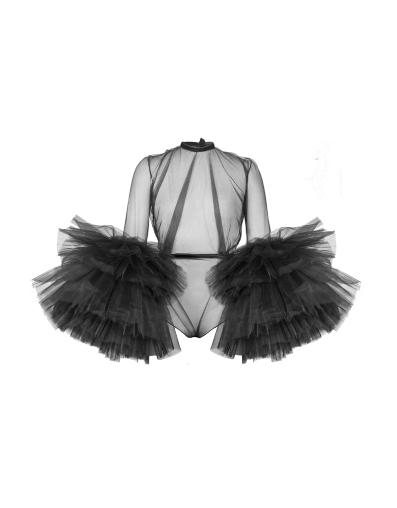 sheer puffy full sleeve ruffle tiered tulle romper