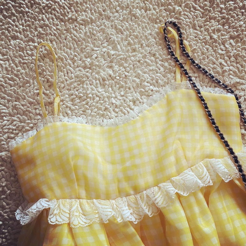 yellow plaid three-layer bubble mini dress