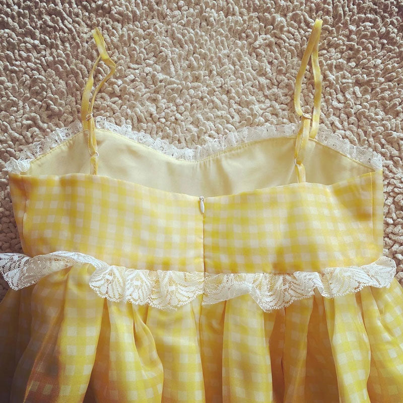 yellow plaid three-layer bubble mini dress
