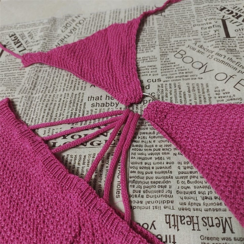 boho knit crop tops tassel skirts backless set
