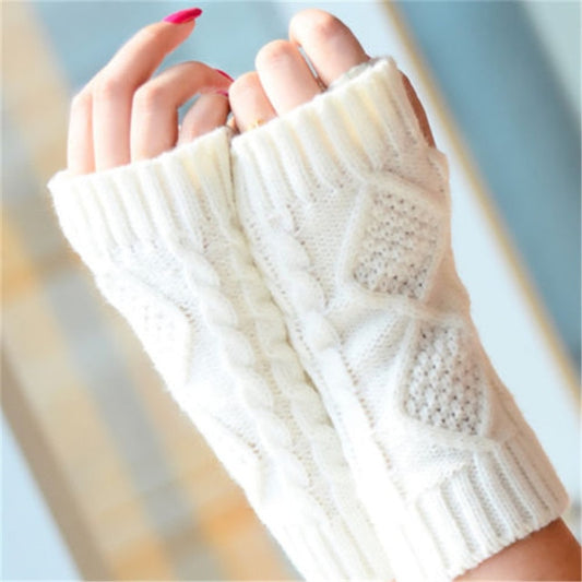 solid twist fingerless gloves white