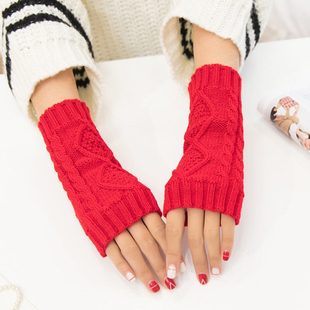 solid twist fingerless gloves red