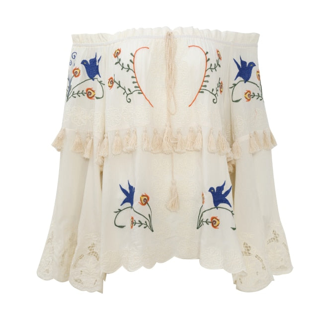 boho off-shoulder vintage embroidery blouse